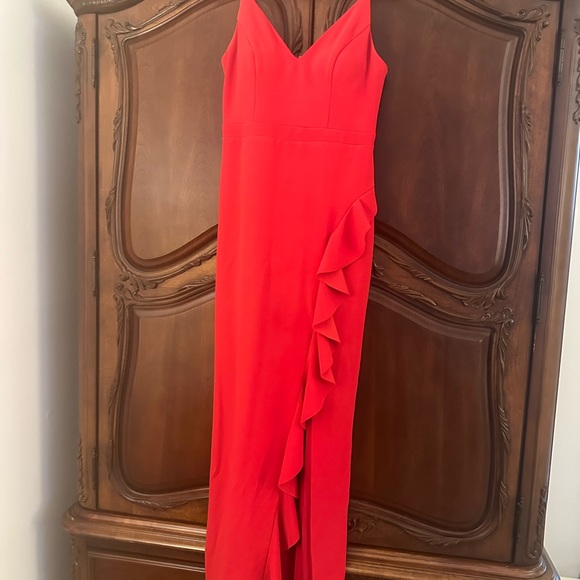 Xscape Long Ruffled Evening Gown, Size 10 RED, Spaghetti Strap Scuba crepe - Picture 3 of 9